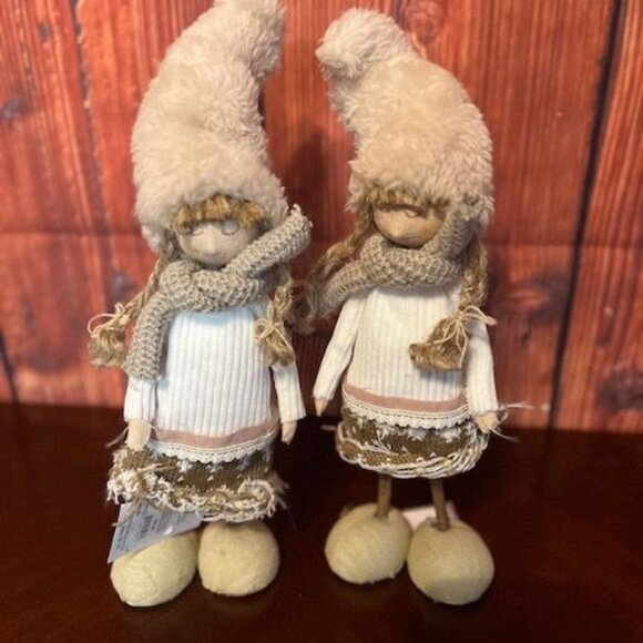 set of 2 Handcrafted Christmas girl Dolls With  Hats & Scarves holiday decor - Picture 1 of 5
